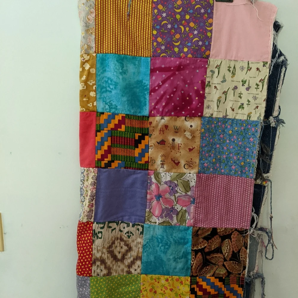 Frayed Denim Quilt made from recycled jeans, upcycled, patchwork, reversible